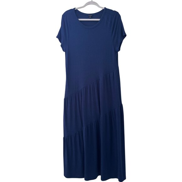 Ann Taylor Navy Midi Dress With Tiered Design Short Sleeves Stretch Fabric - Picture 3 of 9